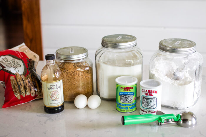 ingredients for big chocolate chip cookies on counter in kitchen