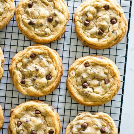 large chocolate chip cookies on wire rack