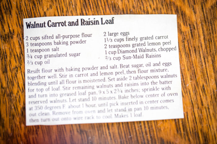 vintage recipe card for carrot bread