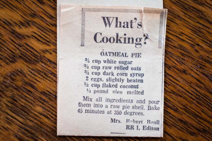 vintage newspaper article with oatmeal pie recipe