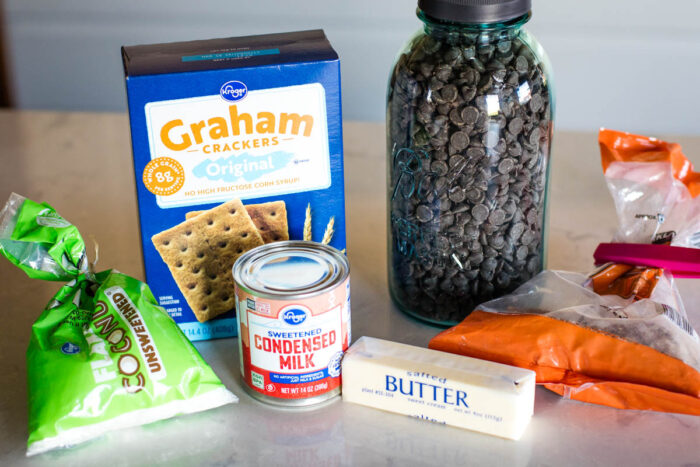 ingredients to make magic cookie bars on counter top