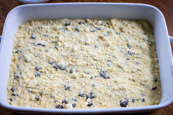 top crumble topping on bluberries