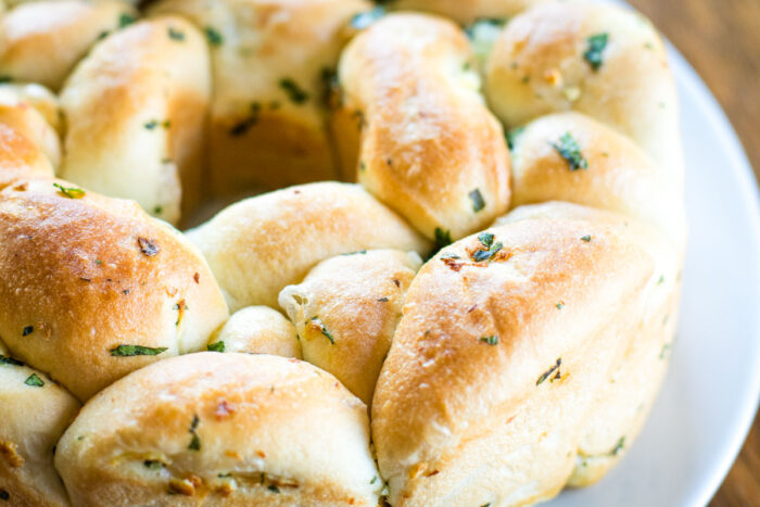 side view of baked garlic bread