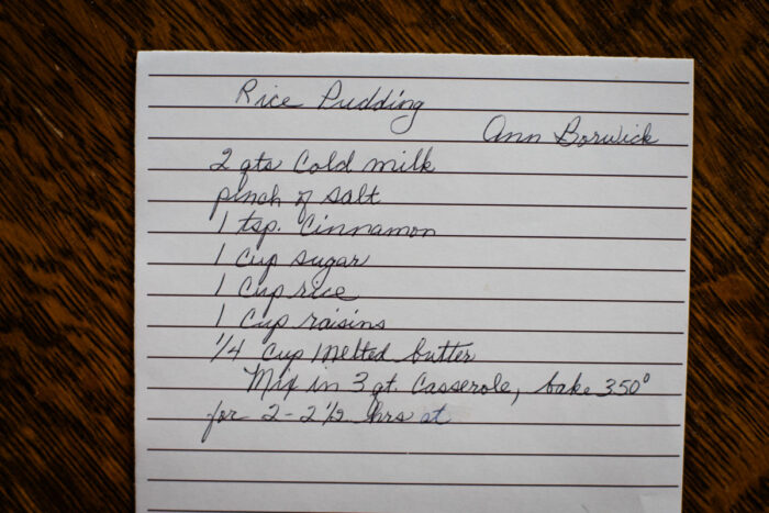 handwritten vintage recipe card for rice pudding