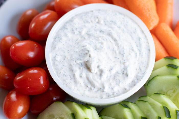 close up of dip on veggie platter