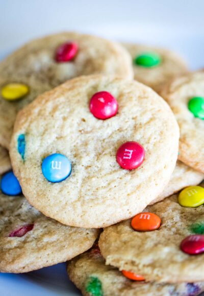 close up of M&M cookies on plate