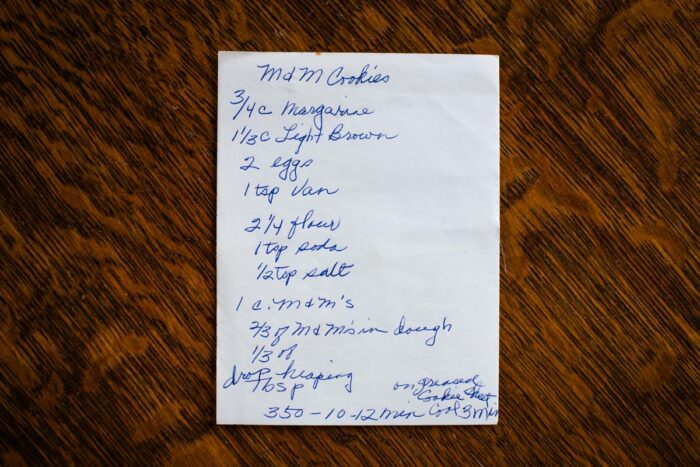 vintage handwritten recipe for M&M cookies