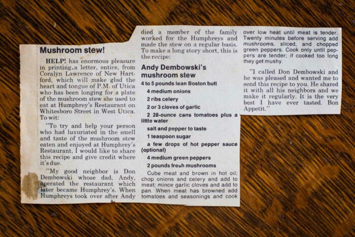 vintage recipe for mushroom stew from humphreys restaurant newspaper