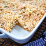 side view of apricot bars in baking dish