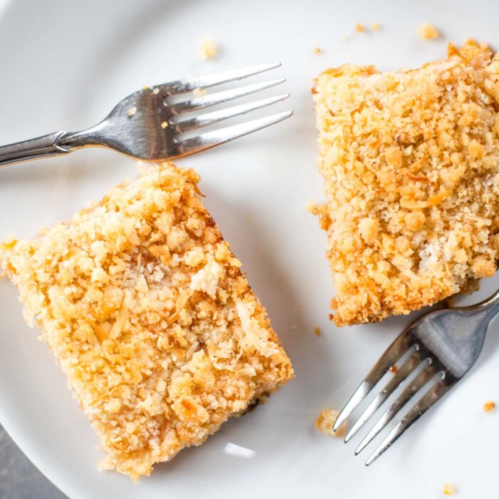 top view of apricot bars on plate with forks