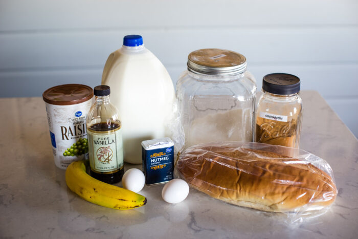 ingredients to make bread pudding on counter in kitchen