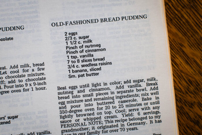 vintage recipe for bread pudding in cookbook