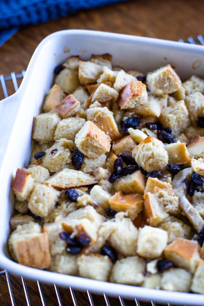 baked bread pudding in baking dish