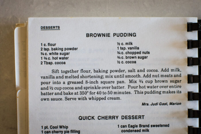 vintage brownie pudding recipe in family cookbook