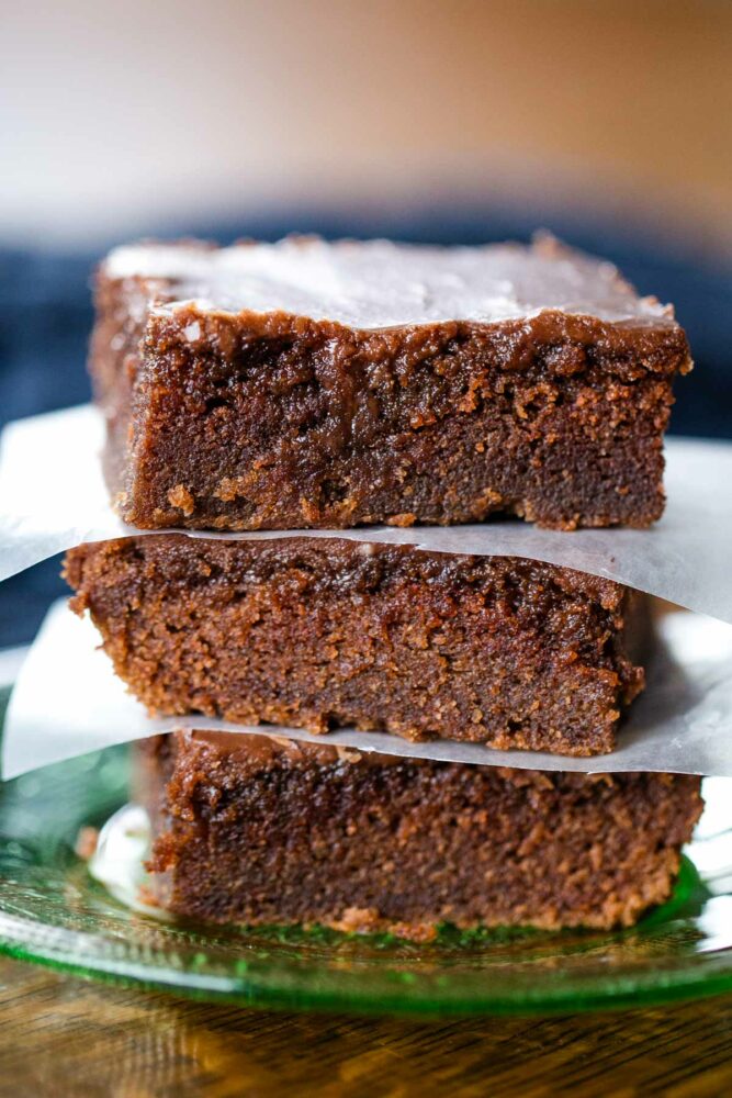 stack of three buttermilk brownies on plate