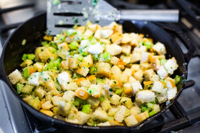 bread stuffing tossed in skillet