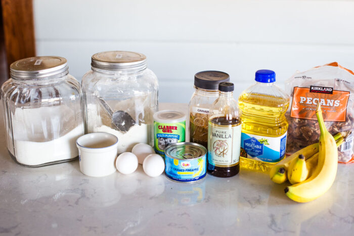 ingredients to make hummingbird cake on kitchen counter