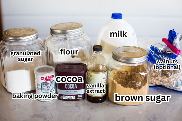 ingredients to make brownie pudding on countertop