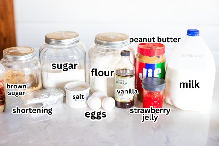 ingredients to make peanut butter and jelly cake on kitchen counter