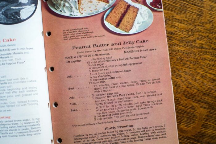 pillsbury winner peanut butter and jelly cake in vintage cookbook