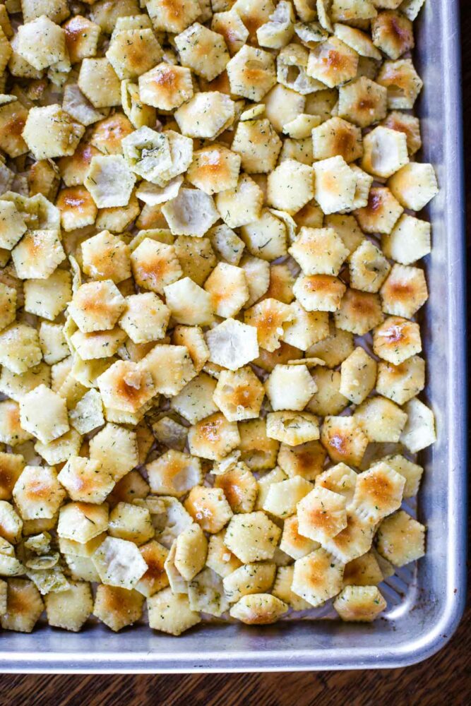seasoned oyster crackers on baking sheet
