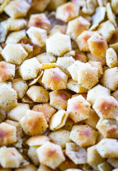 baked oyster crackers on cookie sheet