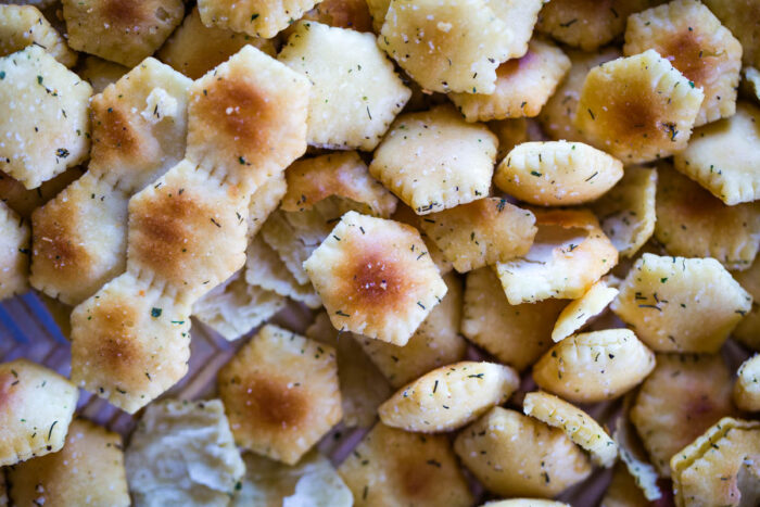 close up of seasoned oyster crackers after baking