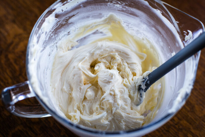 cream cheese frosting whipped in bowl