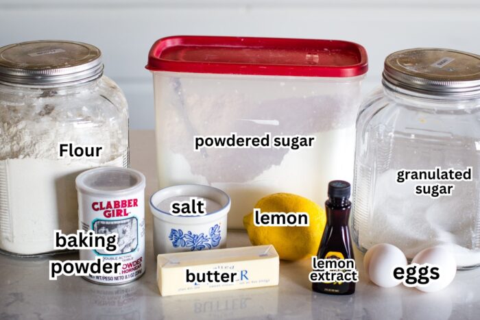 ingredients to make lemon bars on kitchen countertop