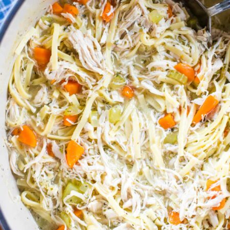 chicken and noddles in stock pot