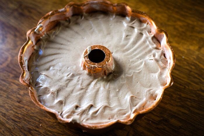 cake batter in bundt pan