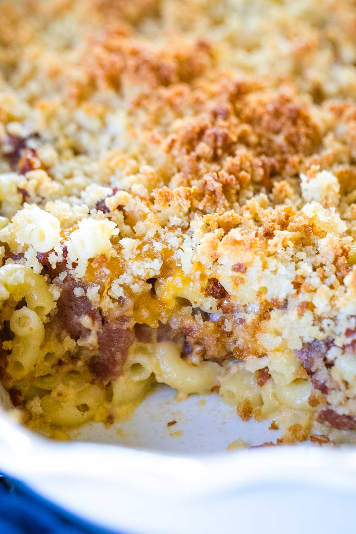 ham and noodle casserole with slice taken out