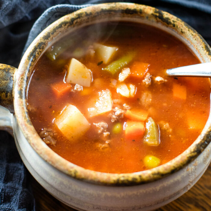 vegetable beef soup in bowl