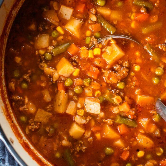 vegetable beef soup in large stockpot