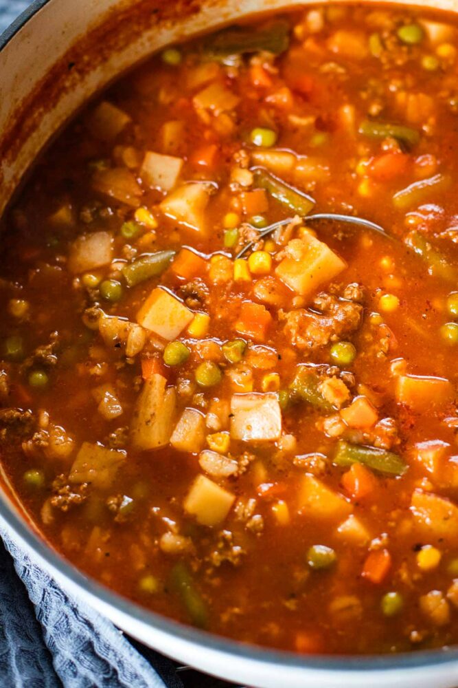 vegetable beef soup in large stockpot