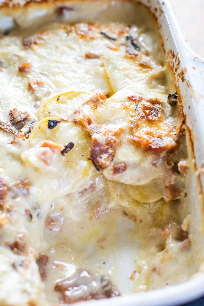 creamy scalloped potatoes and ham in serving dish