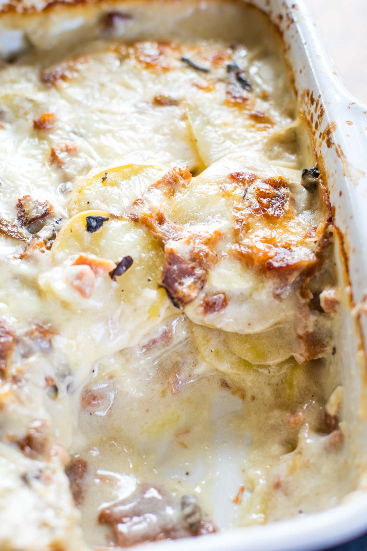 creamy scalloped potatoes and ham casserole in serving dish