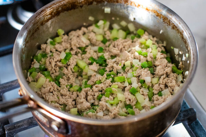 veggies cooking in stockpot with ground turkey