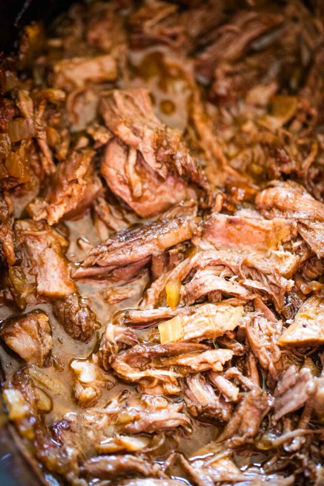 shredded beef in homemade bbq sauce in slow cooker