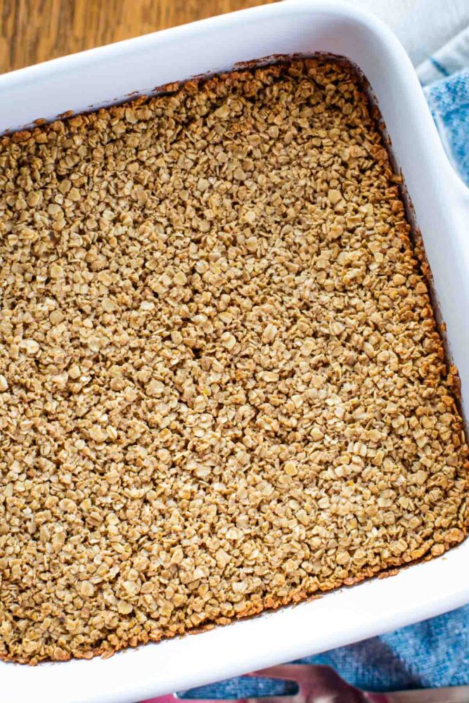 baked amish oatmeal in baking pan just removed from oven