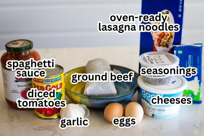 ingredients to make skillet lasagna on kitchen counter