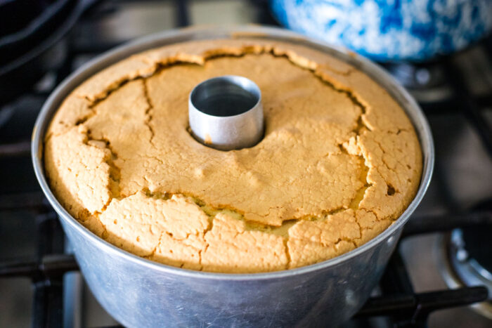 baked sour cream coffee cake in tube pan
