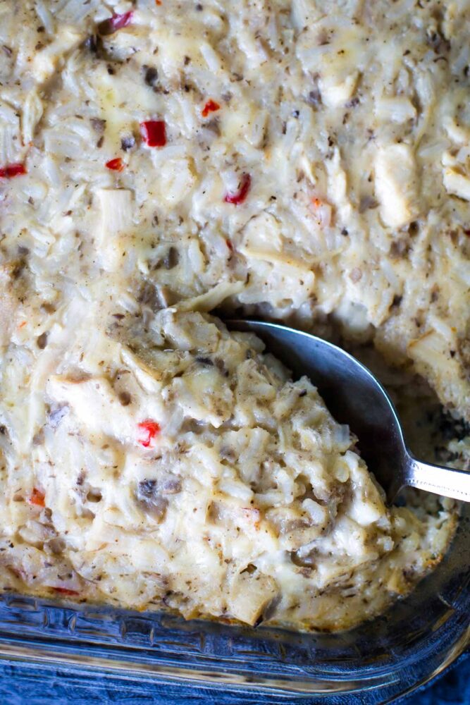 chicken bake in baking dish with spoon