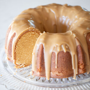 brown sugar pound cake with brown sugar glaze on serving platter