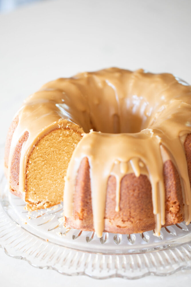 brown sugar pound cake on serving platter