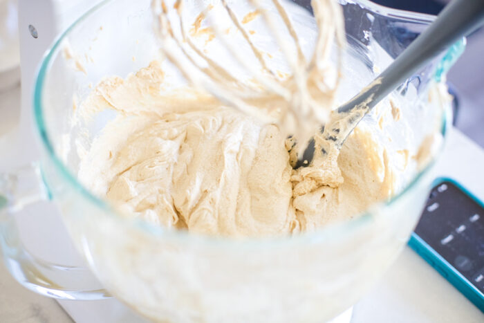 eggs added to mixing batter in mixing bowl