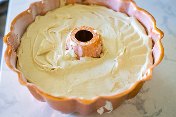 pound cake batter in bundt cake pan