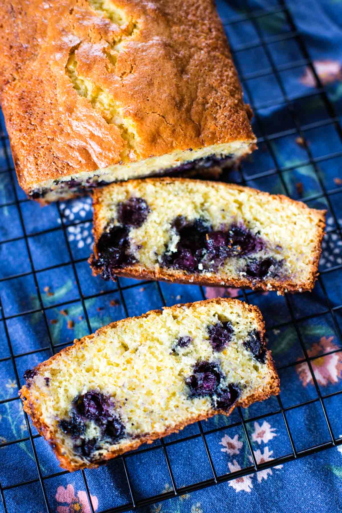 blueberry bread on cooling rack