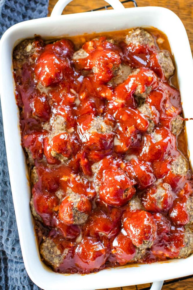 bbq meatballs in baking dish