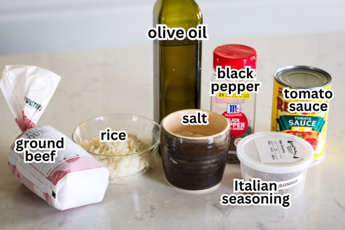 ingredients on kitchen counter to make skillet meatballs